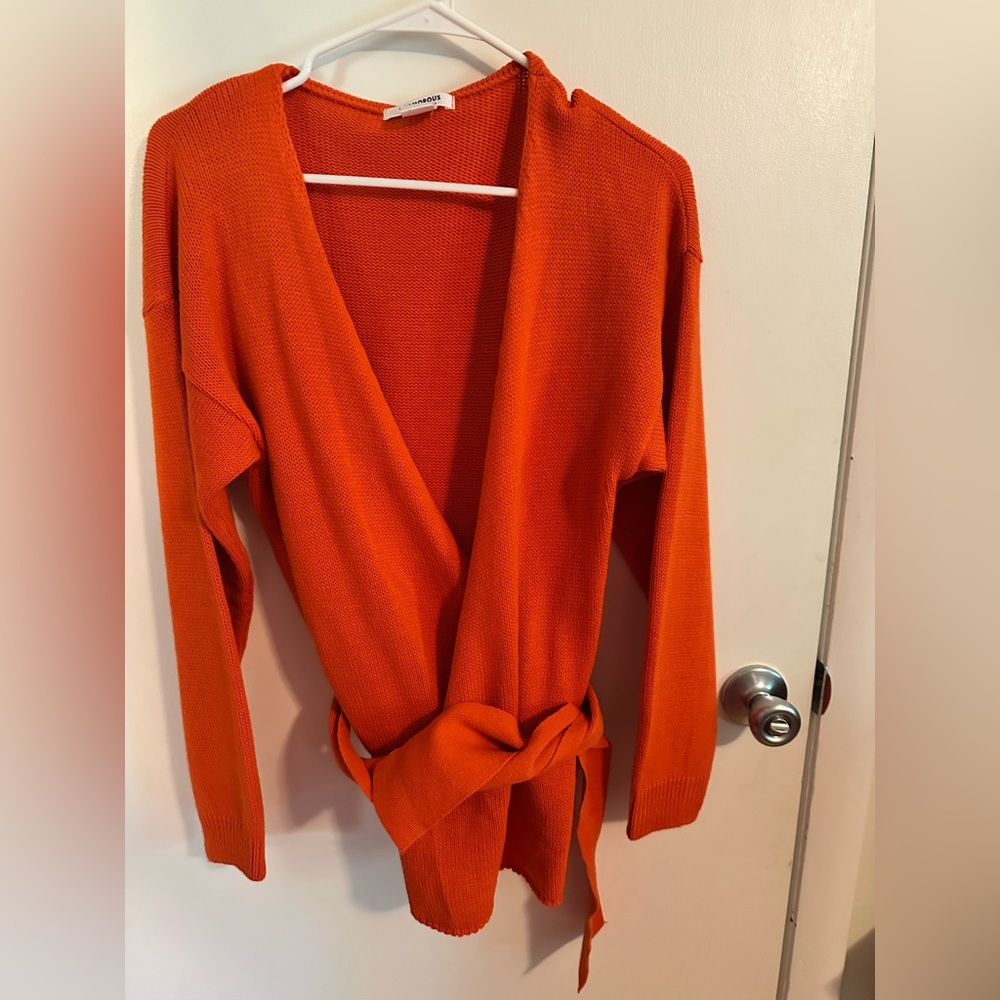 Glamorous Orange Cardigan with Wrap Design and Belt